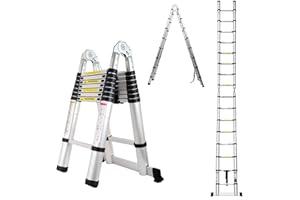 DICN 5M / 2.5M+ 2.5M Foldable Ladders A Frame Aluminium Extendable Extension 16 Steps150kg Max. Capacity Multipurpose Climb Ladder Portable Loft Attic for Business Home Work DIY Builder
