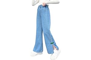 Happy Cherry - Girls Jeans Kid Denim Pants Loose Wide-Leg Ripped Pant Child Baggy Trousers Outfits Elasticated High-Waisted Straight Jeans Light Blue Fashion Casual Cute with Pockets Age 5-15 Years