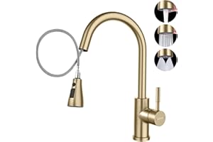 DAYONE Gold Kitchen Mixer Tap with Pull Out Spray, SUS304 Stainless Steel Sink Taps Mixer with 3 Functions for Kitchen, 360° Swivel Single Handle High Arc Kitchen Faucet, Brushed Gold