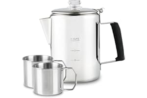 APOXCON Coffee Percolator with Heat Resistant Borosilicate Glass Knob & Anti-flaming Silica Handle Multi Use Stainless Steel Coffee Maker with 2 Mugs Using On any Stovetop Induction Stove 9 Cup