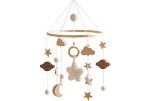 SUNSHINE SMILE Mobile Baby in legno + gomitolo di lana,cameretta dei bambini, campanella da letto, stelle e luna, regalo per neonati e ragazze,Culla Mobile per Culla Giocattoli per Neonati