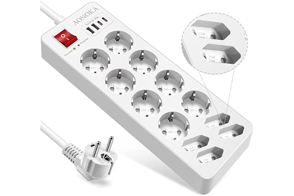 Multiprise 12 Prises avec USB C, Bloc Multiprise Parafoudre et Surtension Jusqu'à 1700 Joules, Prise Multiple avec Interrupteur, Protection Enfant Power Strip Murale, Rallonge Electrique 1,5m, Blanc