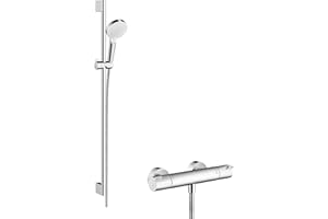 hansgrohe Crometta - set de ducha con termostato Ecostat 1001 CL, ducha de mano con barra de ducha 90cm, soporte et flexo de ducha 1,60m, alacachova de ducha con 2 tipos de chorro, blanco/cromo