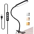 Clip On Reading Light, Eye-Care Dimmable Desk Clamp Lamp with 3 Color Temperature Brightness Adjustable Flexible Gooseneck Bed Light for Study, Reading and Relaxing (Black)