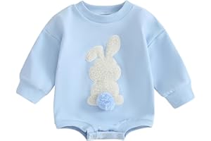 Xeadoffubio Newborn Infant Baby Boy Easter Outfit Baby Boy Girl Romper Bunny Long Sleeve Romper Oversized Sweatshirt Crewneck Cartoon Easter Rabbit Print Baby Romper