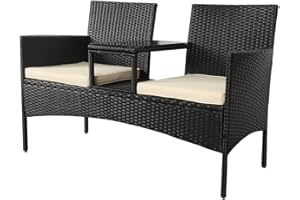 Panana Rattan Loveseat Patio Love Seat 2 Seater Bench with Beige Cushions, Built-In Centre Glass Table Wicker Garden Furniture for Outdoor Balcony Poolside Bistro