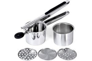 Rorence Presse-purée à pommes de terre en acier inoxydable avec 3 disques interchangeables et tasse intérieure et poignées en silicone - Noir