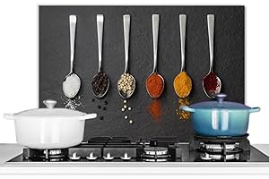 KitchenYeah© Antisalpicaduras Cocina 60x40 cm Protector Salpicaduras Pared Chapa Aluminio Kitchen Panel Vitrocerámica Accesorios Salpicadero Decoración Especias - Cucharas - Mesa - Rústico