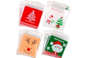 VINFUTUR 400pcs Bolsas Celofán Autoadhesiva Navidad Bolsitas Galletas Celofán Bolsas Caramelos Autocierre de 4 Dibujos Navideños para Chuches Cumpleaños Bolsita Dulces 10 * 13cm