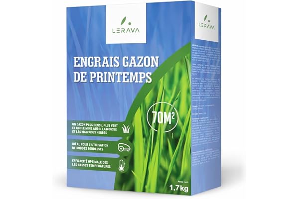 LERAVA Engrais gazon printemps (70m²) - Engrais pelouse libération d’azote 3 mois - Fertilisant gazon avec Bacillus subtilis - Stimule la croissance et renforce la résistance des graminées - 1,7kg