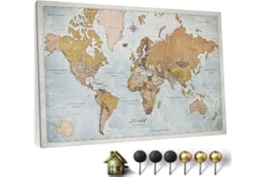 CANVASCALE Carte du monde en toile avec tableau d'affichage en liège - Labels en anglais - Décoration murale décorative pour toutes les pièces - Tableaux sur toile (90x60 cm, Motif 14)