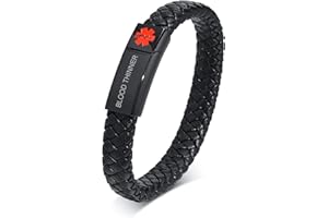 PJ JEWELLERY Custom Engraving Braided Genuine Leather Medical ID Wristband Mens Medical Alert Leather Bracelet with Stainless Steel Magnetic Clasp