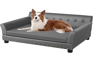 BingoPaw Large Dog Sofa Couch: Luxury Microfiber Leather Cloth Pet Sofa Lounge Bed for Large Dogs - Wooden Frame Raised Puppy Sofa Chair with Comfortable Cushion Mat Grey L(96X70cm)