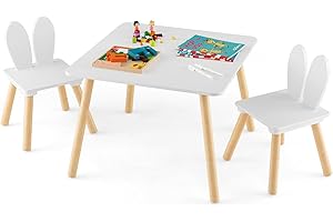 COSTWAY Stół dziecięcy z 2 krzesłami, 3-częściowy zestaw do siedzenia dla dzieci z nogami z litego drewna i uszami królika, kwadratowy stół do zabawy, meble dla dzieci w wieku 3-6 lat, biały