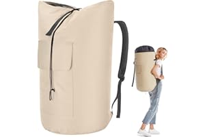 PAMLIAPY Wäschesack Schmutzwäsche XXL 115 Liter, Wäschebeutel Reise mit 2 Gepolsterte Schultergurte, Wäschetasche Faltbare Aufbewahrungsbeutel Kleidung Tasche, Seesack Rucksack (Beige)