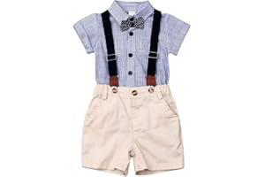 Dazzerake 2 Pezzi Completi per Neonato Tutina da Gentiluomini Estivi Pagliaccetto Camicia a Maniche Corte con Papillon + Salopette Pantaloncini con Bretelle 0-24 Mesi