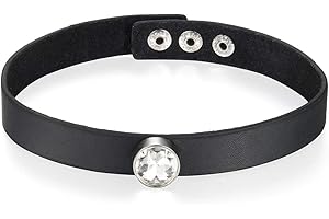 Flongo Choker Leather Collar Women's Genuine Leather Necklace Choker Joker Tattoo Chain Black Silver Rhinestone Gothic Punk Rock Biker Women Men, Leather, Rhinestone
