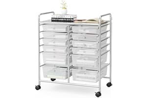 ‎GIANTEX GIANTEX Rollwagen mit 12 Schubladen stapelbar, Schubladenwagen Badrollwagen Küchenwagen mit feststellbaren Rollen, Aufbewahrungswagen Haushaltswagen für Küche Bad Büro 64x38x75 cm (Transparent)