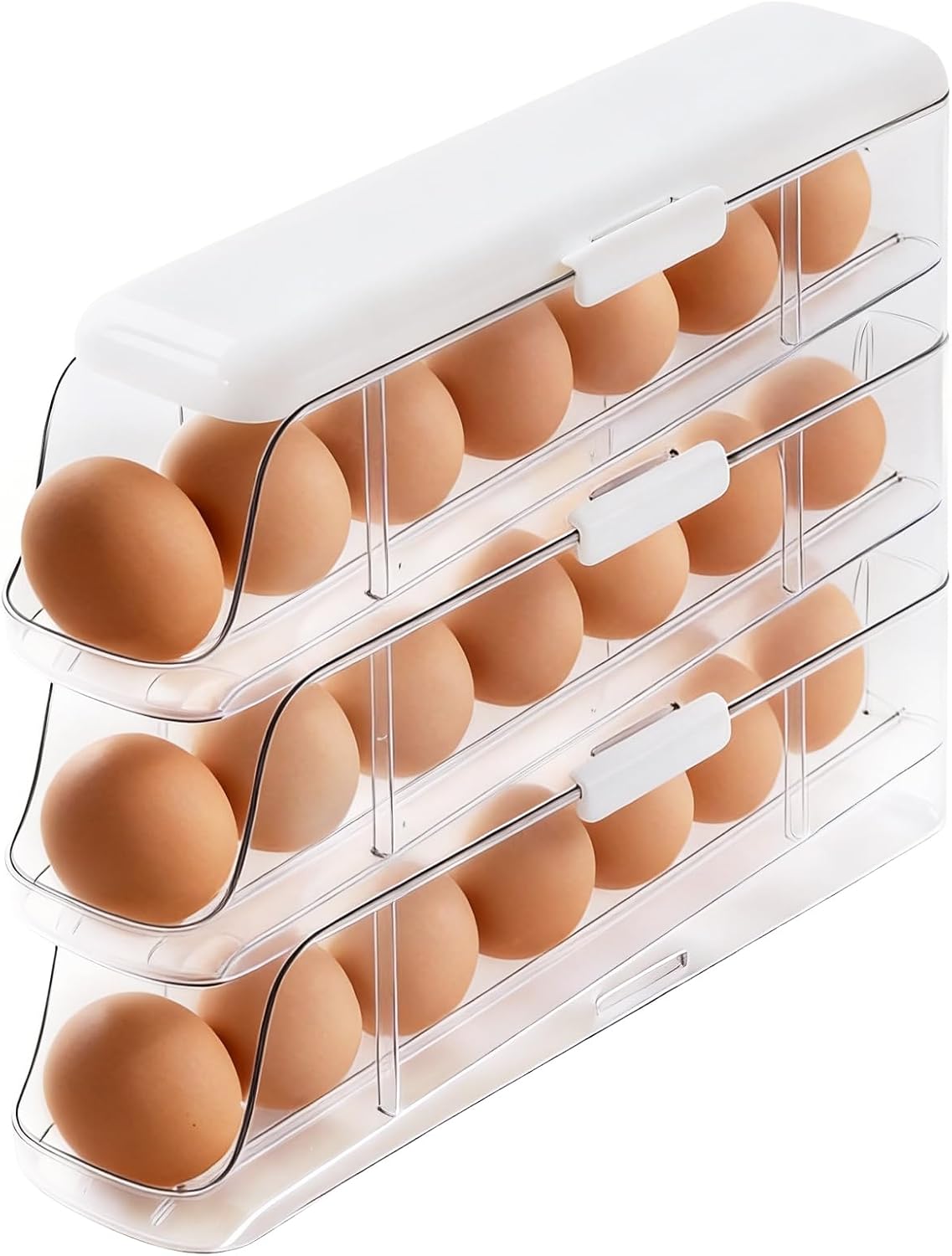PAVSTINE Organizador de Huevos para Nevera Desmontable Capacidad para 21 Huevo, 3 Pisos con Tapa Rodillos Automáticos Hueveras, Transparente Dispensador de Huevos para Nevera en PET
