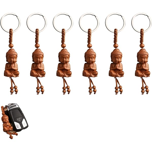 Flanacom Portachiavi Portafortuna In Legno – Ciondolo Buddha – Talismano Da Tasca (Set Da 2)