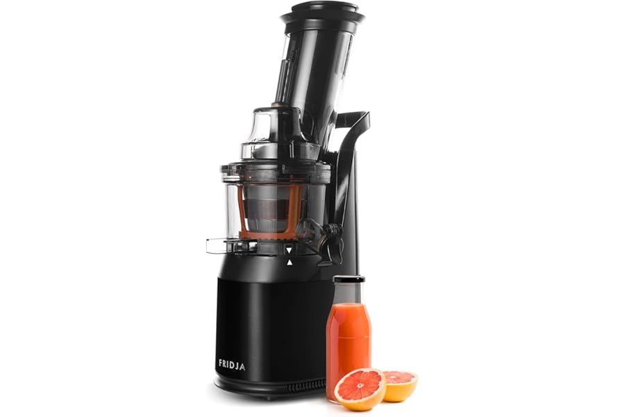 Fridja f1900 Cold Press Juicer, 240W Masticating Slow Juicer with 78mm (3”) BPA-Free Wide Chute, Black Stainless Steel body, Juice, Vegan Nut Milks, Sorbet, Ice Cream, Easy to Clean