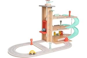 TP Toys Garage 3 étages en bois FSC Owl & Fox 54x34x42,5 cm – Garage avec ascenseur à poulie, route configurable, durable, peint, dès 3 ans, usage domestique, montage facile.