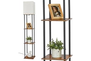 IPARTS EXPERT Floor Lamp with Shelf, Modern Standard Tall Standing Lamp 3 Tier Wood Shelves, 3 Color Temperatures Dimmable LED Reading Lamp for Living Room, Bedroom, Office (Rustic Brown)