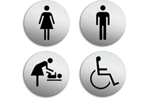 OFFORM DESIGN Targhetta per Porta - Toilette Donne Uomini Handicap Fasciatoio Set di 4 Targa Ø 75 mm Alluminio spazzolato auto-adhesiva