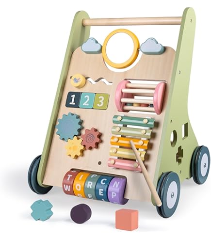 LIFEZEAL Chariot De Marche Bébé En Bois, Trotteur Bebe Evolutif Avec Rangement & 12 Jouets Montessori, 4 Roulettes, Garçon Fille 3+ Mois