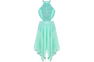 dPois Enfant Fille Asymétrique Robe Danse Lyrique Justaucorps Gymnastique Ballet à Paillettes Leotard Robe Danse Classique Costume Jazz 3-16 Ans