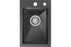 CECIPA Spülbecken Schwarz Anthrazit 30 * 45CM, Küchenspüle Edelstahl 201 Eckig, Spüle Küche mit Siphon, Waschbecken Küche mit 2 HahnLöcher, 1 Becken Einbauspüle