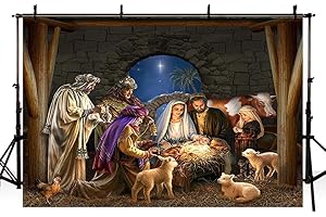 MEHOFOND Toile de fond pour crèche de Noël - 2,1 x 1,5 m - Lumière des étoiles - Sainte famille et trois rois - Croyance religieuse - Photographie d'histoire biblique - Décoration de Noël -