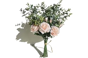 huaao Ramo de Rosas Artificiales con Tallos y Hojas de eucalipto para decoración de Bodas, Ramos de decoración de Interiores, Flores de Seda, Color Champagne