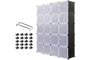 MEERVEIL Mondeer Armoire Penderie Portable, Étagère de Rangement, Cubes de Stockage Modulaire en Plastique en métal Stable, Assemblage Facile pour Vêtements, Accessoires, Jouets (Noir, 20 Cubes)