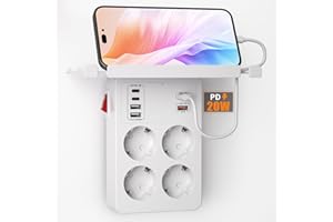 KIYKZI PD20W Ladron Enchufes con Interruptor, Enchufe Multiple con Carga Rápida PD3.0 y QC18W, Regletas Enchufes Pared con 4 Tomas y 6 USB Cargador,Alargador Enchufe Adaptador Tipo C con Estanteria,Blanco