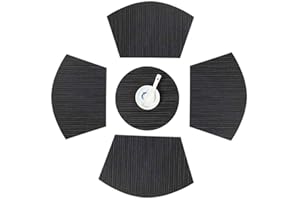 LANYOTA Place Mats and Table Mats Center,1 Round Table Placemat 4 Wedge Shaped Place Mats, Heat Resistant Washable Wedge Table Mats for Round Table Set of 5 (Black:4+1)