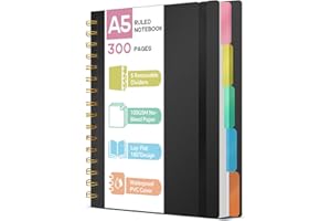 ihaspoko A5 Notebook with Dividers - 100GSM No-Bleed Paper, 300 Pages, PVC Hardcover, Spiral Project Book for School, Office & Gifts (Black)