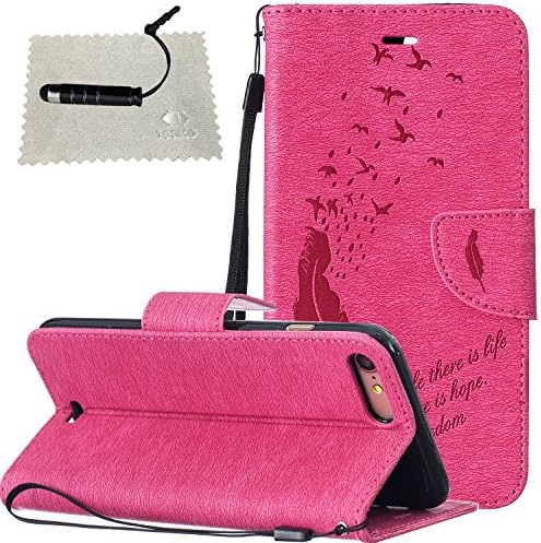 iPhone 7 Plus Case Hot Pink,iPhone 7 Plus Leather Case,TOCASO Book Style Lightweight Embossed Pattern Soft Silicone inner Back Cover PU Leather Magnet Anti Scratch Flip Wallet Case With Stand Function and ID Credit Card Slots Design Feather Flying Birds Pattern Slim Holster with Hand Strap Full Body Protection Protective Case for iPhone 7 Plus 5.5 + 1x Black Stylus Pen + 1x Cleaning Cloths
