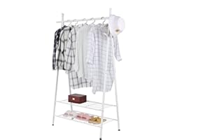 eSituro Stand Appendiabiti da Terra Moderno Scaffale Porta Abiti da Camera con Ganci e Scarpiera a 2 livelli, Attaccapanni Ingresso in Metallo Bianco SGR0123