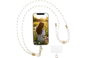 AHABIPERS Handykette Universal, Nylon Handy Kette, Verstellbarer Crossbody Handyschnur, Handy Umhängeband Kompatibel mit Meisten Smartphones, TPU Handy-Patch mit Metallring - ohne Hülle (Weiß&Gold)