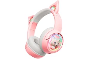 PHNIXGAM Bluetooth Katzenohr Kopfhörer, Over-Ear Headset Im Kabellosen Und Kabelgebundenen Modus Mit Mikrofon, RGB-Licht, Kompatibel mit Handys PC Tablet Spielkonsolen,Rosa