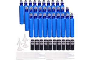 BENECREAT 30 Pack 10ml Botella Azul de Vidrio Botellas de Rodillos de Aceites Esenciales Equipado con 4 Embudos y 10 PCS Cuentagotas de Plástico