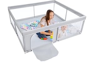 BEJOY Duży kojec dla niemowląt, 180 x 200 cm, kompaktowy i mocny, ochrona piankowa, antypoślizgowy bezpieczny plac zabaw z oddychającą siatką, okrągły zamek błyskawiczny, centrum aktywności dla