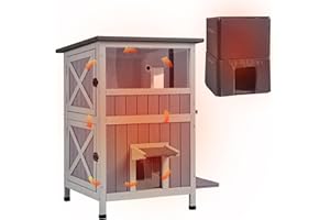 X-ZONE PET Outdoor Cat House with Insulated Liner - Weatherproof Winter Shelter for Feral Cats, 2-Level Outdoor Enclosure with Escape Door(2 Level Flat-Insulated)