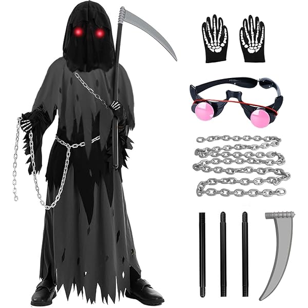 Costume Mietitore Con Falce E Maschera - Set 6 Pezzi Per Bambini Taglia 98-118 Cm - Halloween