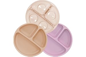 MOJINL Kinderteller mit Saugnapf Rutschfest Silikon Baby Teller BPA Frei Babyteller Kinder Tischset Babygeschirr Spülmaschinenfest für Kleinkinder 3 Stück (Beige/Rotlila/Khaki)