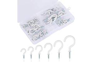 FINEASY 75pcs White Hooks for Hanging Ceiling Screw in Hooks,Vinyl Coated Ceiling Hooks for Hanging Plants,6 Sizes Mug Cup Hooks Set,for Outdoor Christmas Lights,Plants,Indoor Outdoor Use (White)