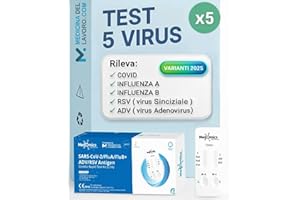 MEDICINADELLAVORO.COM 5 x Test Combo 5in1, Tamponi rapido covid 19 varianti 2025 + Influenza A o B + Virus RSV Sinciziale + Virus ADV Virus respiratorio Adenovirus, Test rapido Adulti e bambini, 5 pz