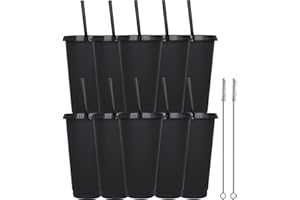 Yisituo 10 Stück Trinkbecher mit Deckel und Strohhalm, 710ml Wiederverwendbare Plastikbecher mit für Smoothies, Kaffee, Party und Reise(10, Schwarz)