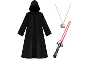 Amycute Jedi Robe Costume Adults Hooded Cloak Halloween Cosplay Cape, Jedi Knight Robe Cloak for Women Men with Necklace Lightsaber